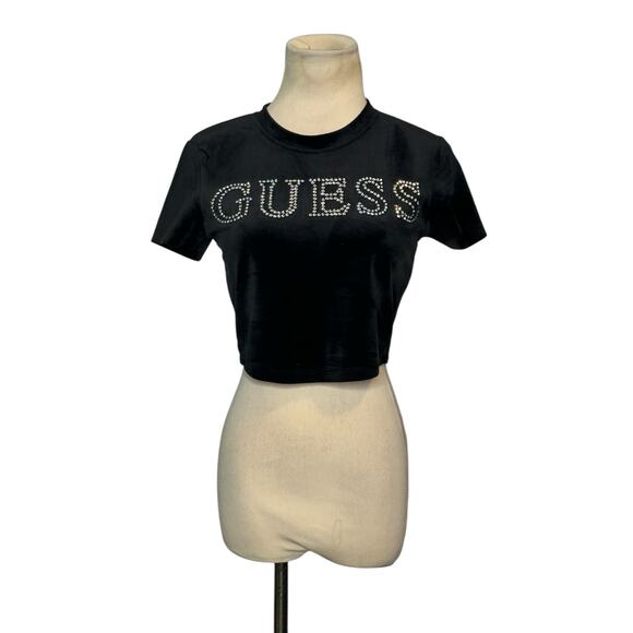Guess black velvet rhinestones front logo short sleeves t-shirt size XS - Picture 13 of 16